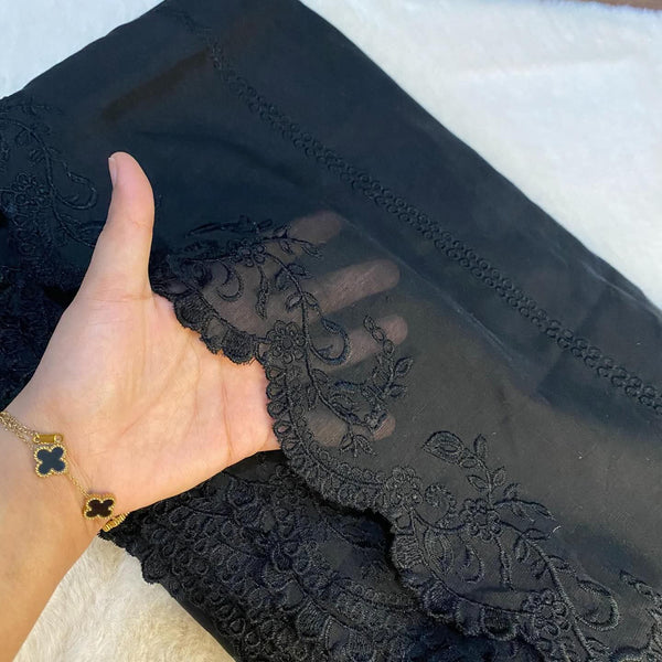 Voile Lawn black  Scalloped Dupatta with black    Embroidery | black lawn Cutwork Dupatta 2.5 yards length