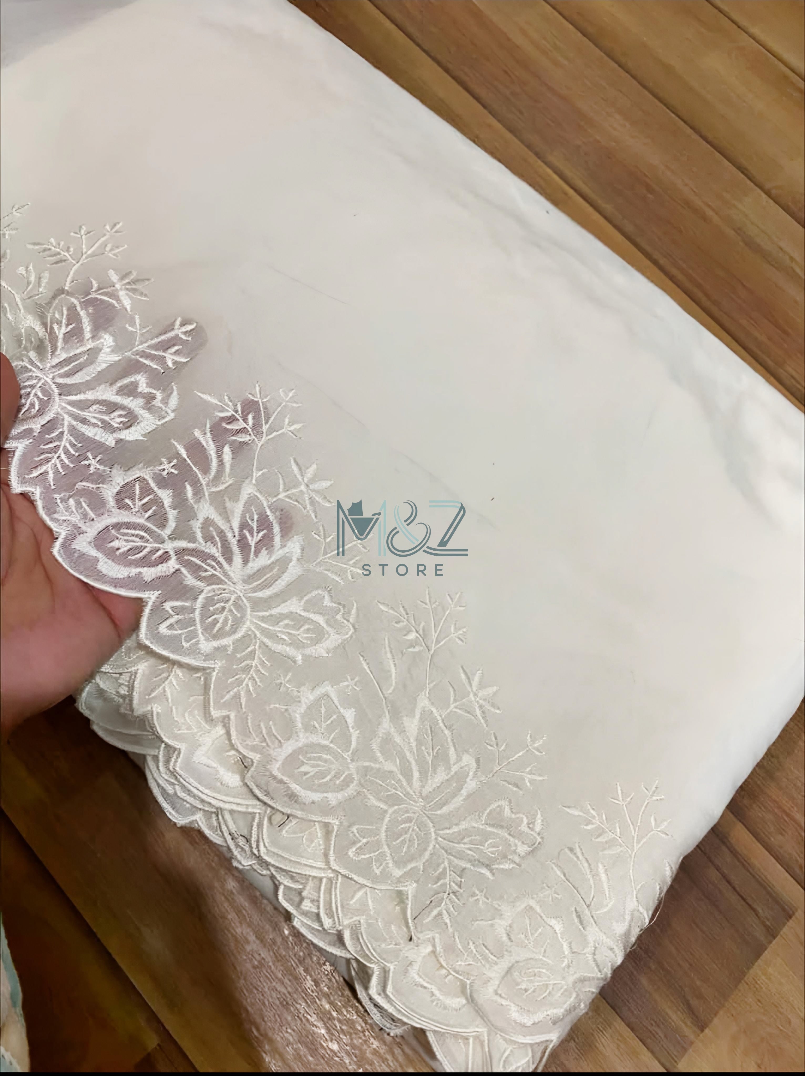 Voile Lawn Scalloped Dupatta with White Embroidery | white lawn Cutwork Dupatta