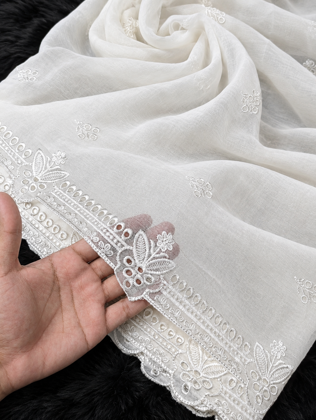 Semi Pure Chiffon White Scallop Embroidered Dupatta Diyable in all colors 2.5 yards length