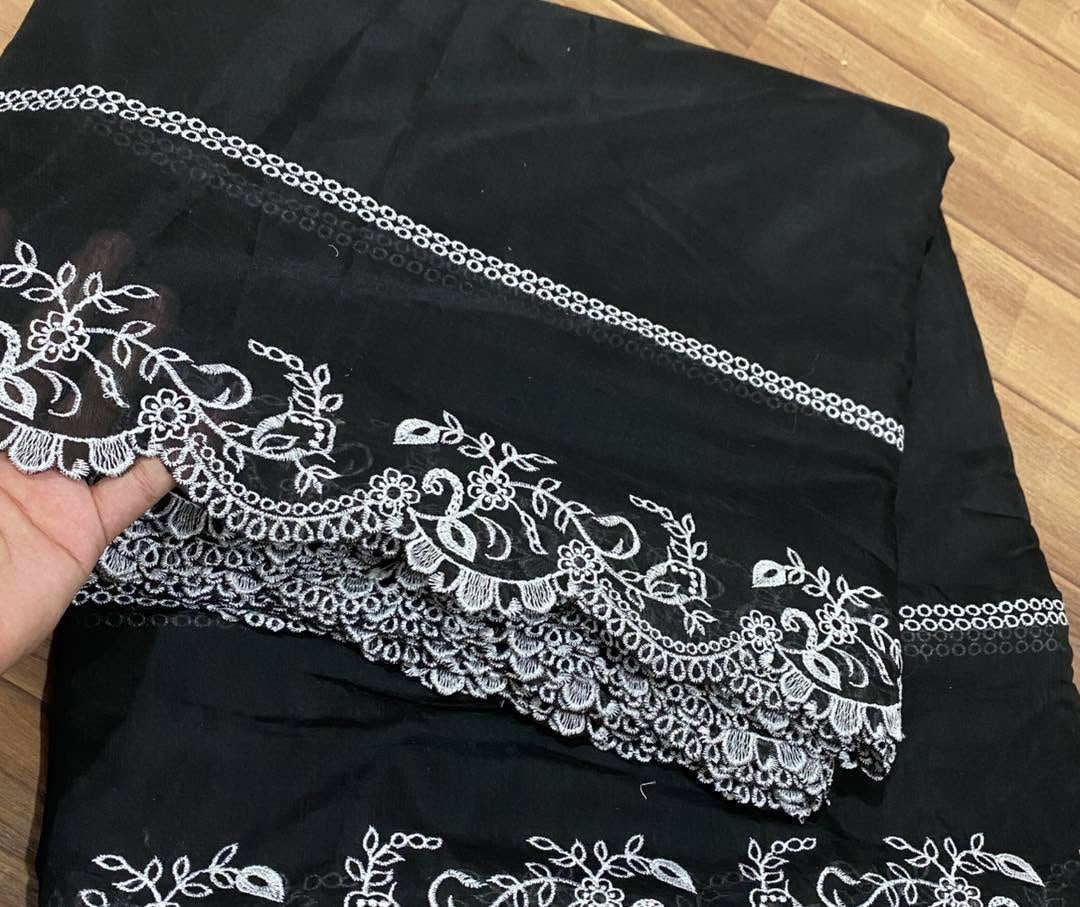 Voile Lawn black  Scalloped Dupatta with White  Embroidery | black  lawn Cutwork Dupatta