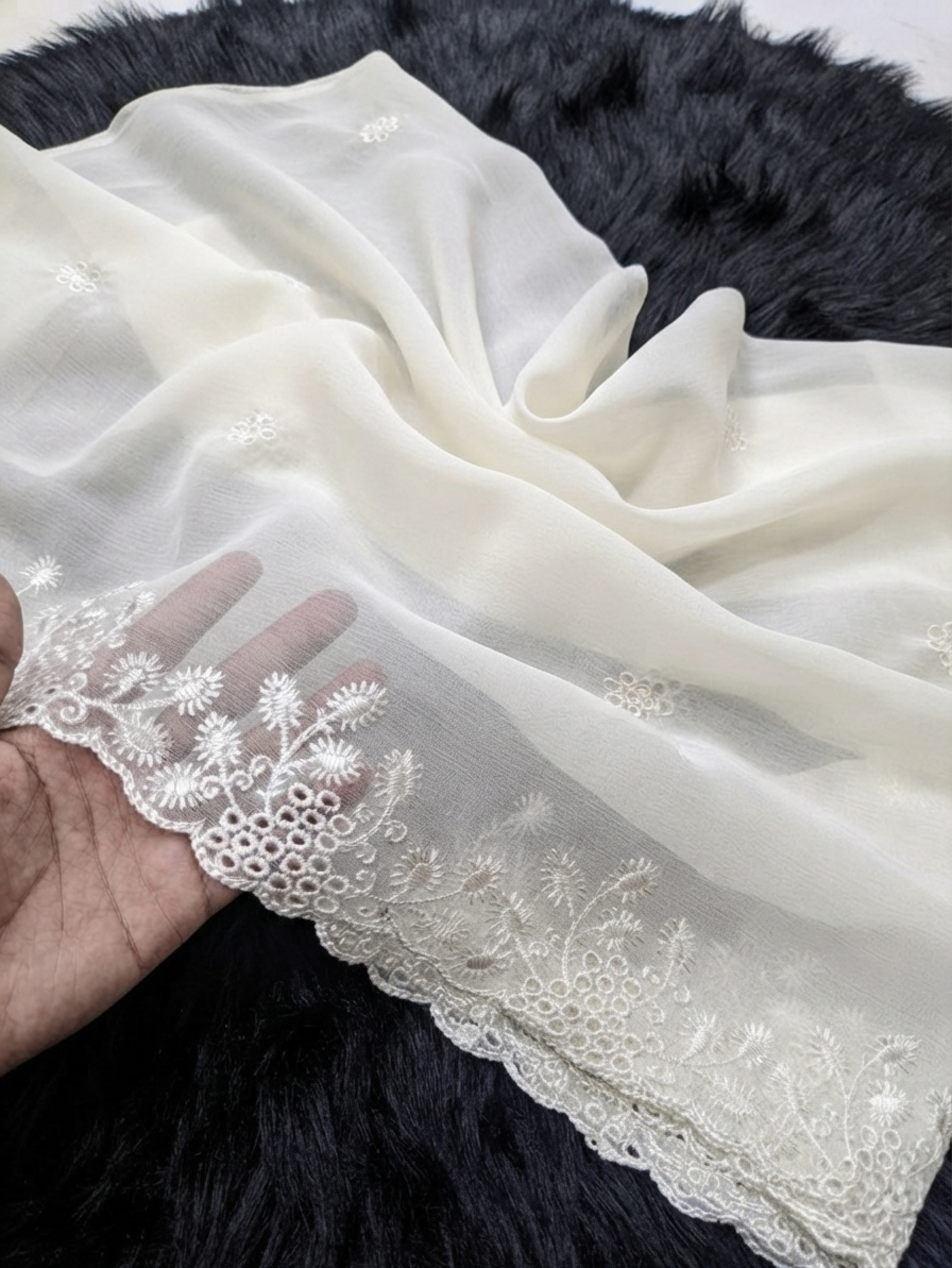 Semi Pure Chiffon White Embroidered Dupatta