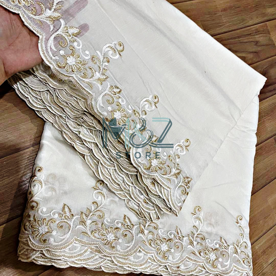 Voile Lawn white Scalloped Dupatta with golden  Embroidery |  lawn Cutwork Dupatta