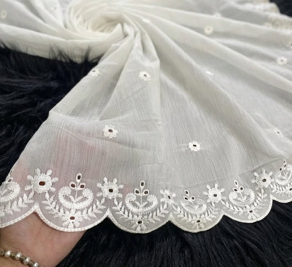 Voile Lawn Scalloped Dupatta with White Embroidery | white lawn Cutwork Dupatta