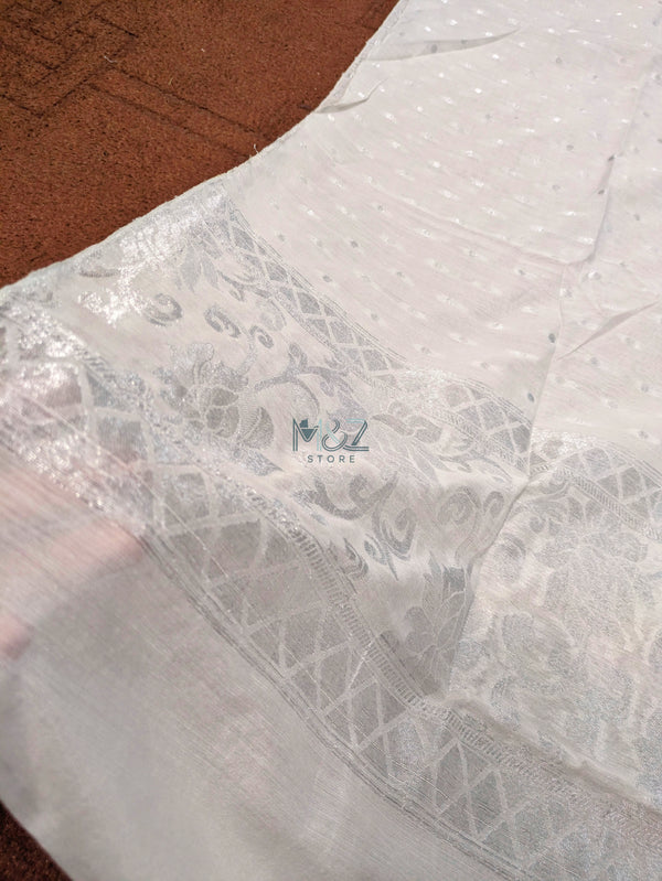 Pure Lawn Banarsi Dupatta – Silver Jacquard Banarsi Work | Dyeable Fabric in all colors 2.5 yards