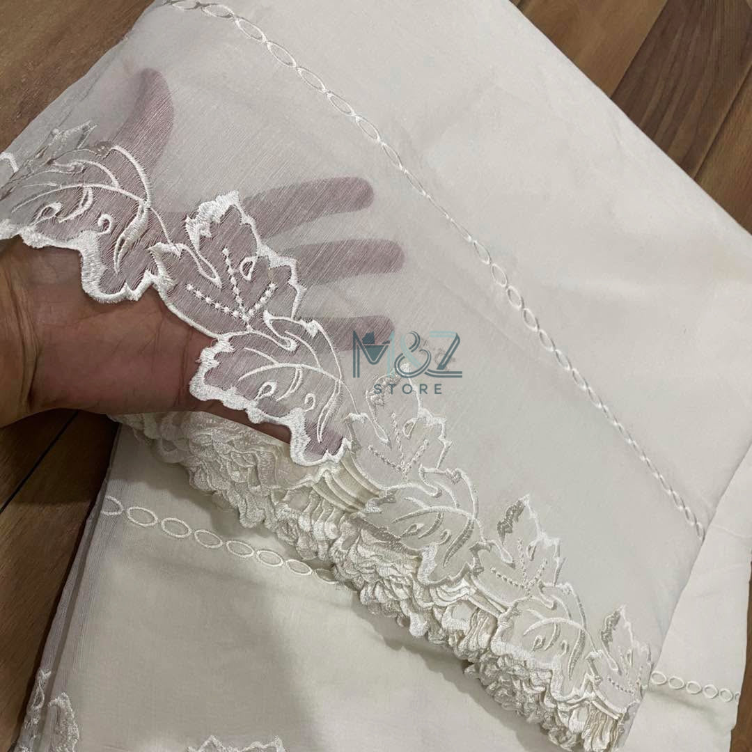 Voile Lawn Scalloped Dupatta with White Embroidery | white lawn Cutwork Dupatta