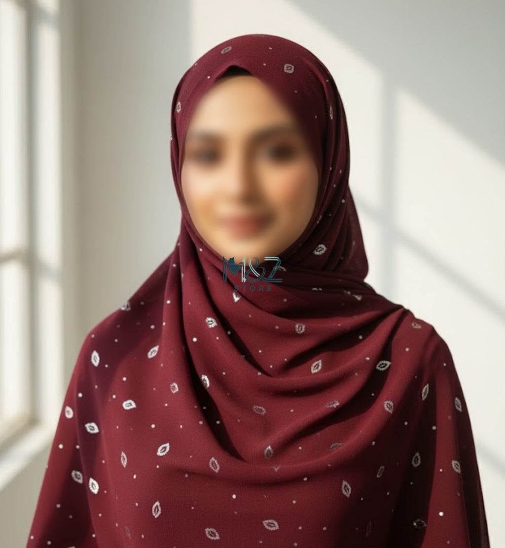 Georgette Chiffon Hijab Stole with Silver Leaf Foil Design - 2 Gaz