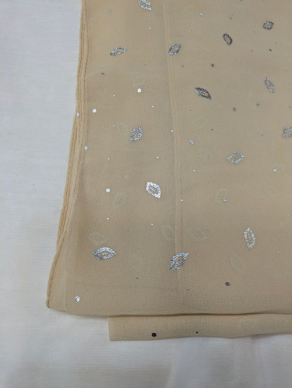 Georgette Chiffon Hijab Stole with Silver Leaf Foil Design - 2 Gaz