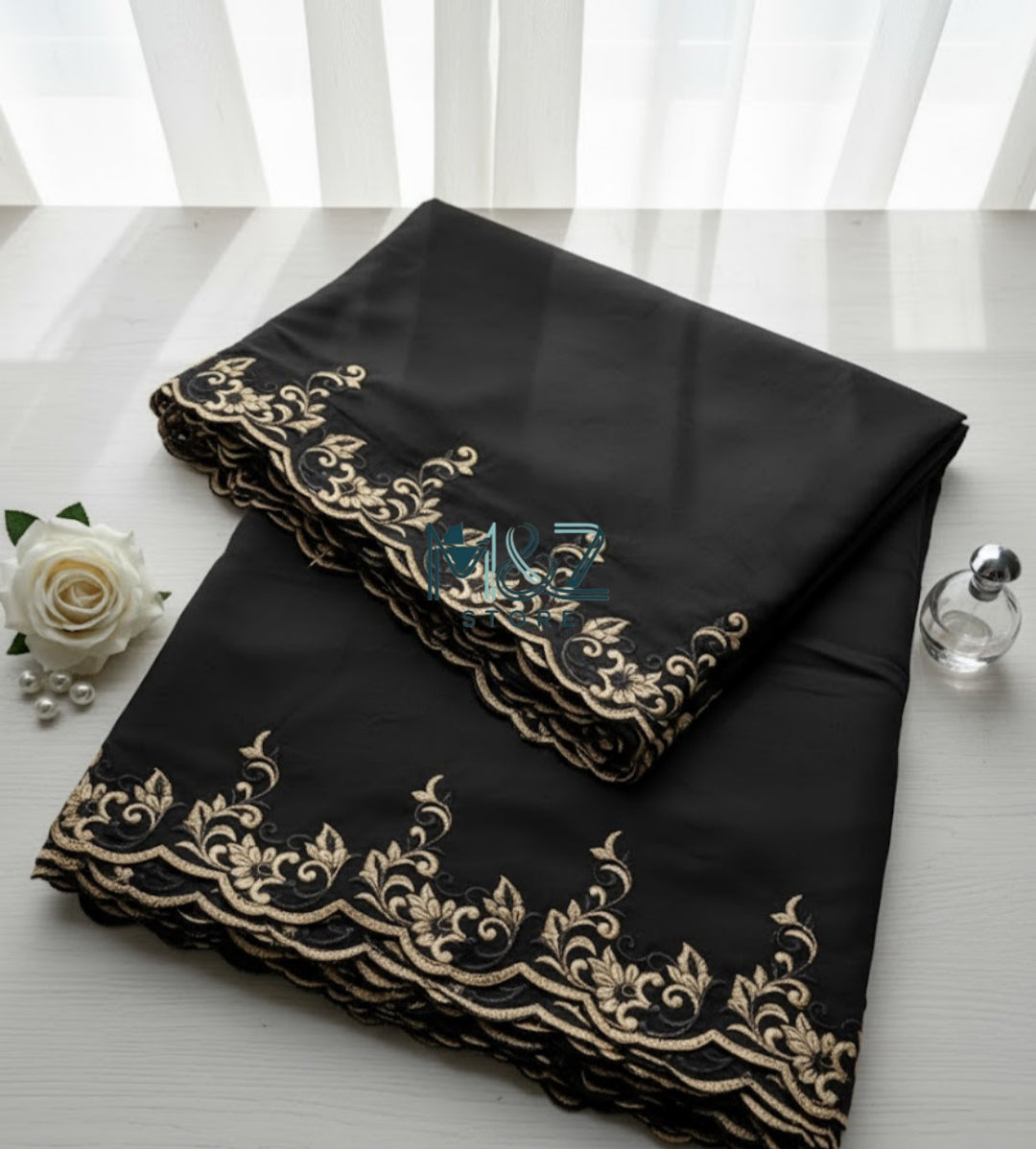 Voile Lawn black  Scalloped Dupatta with golden   Embroidery | black lawn Cutwork Dupatta