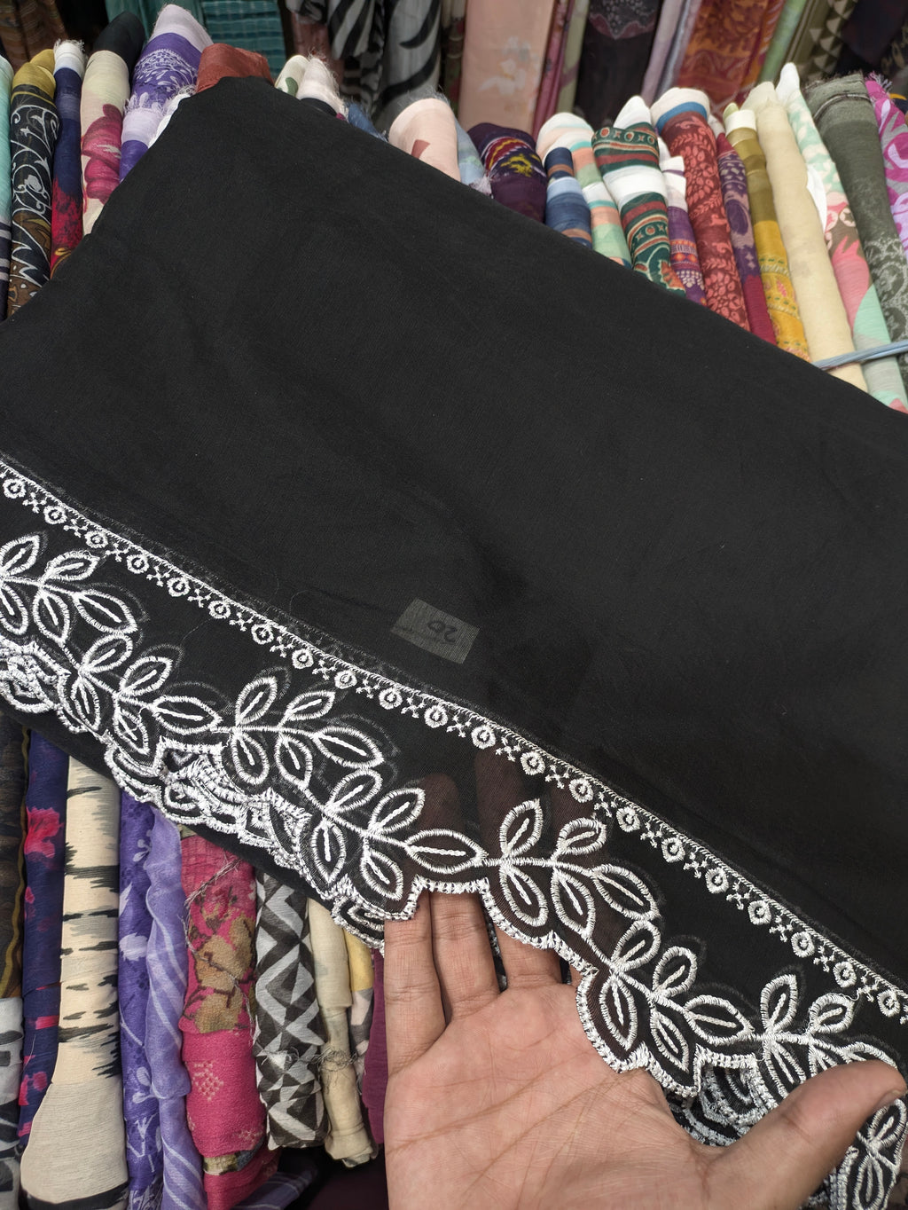 Voile Lawn black  Scalloped Dupatta with White  Embroidery | black  lawn Cutwork Dupatta