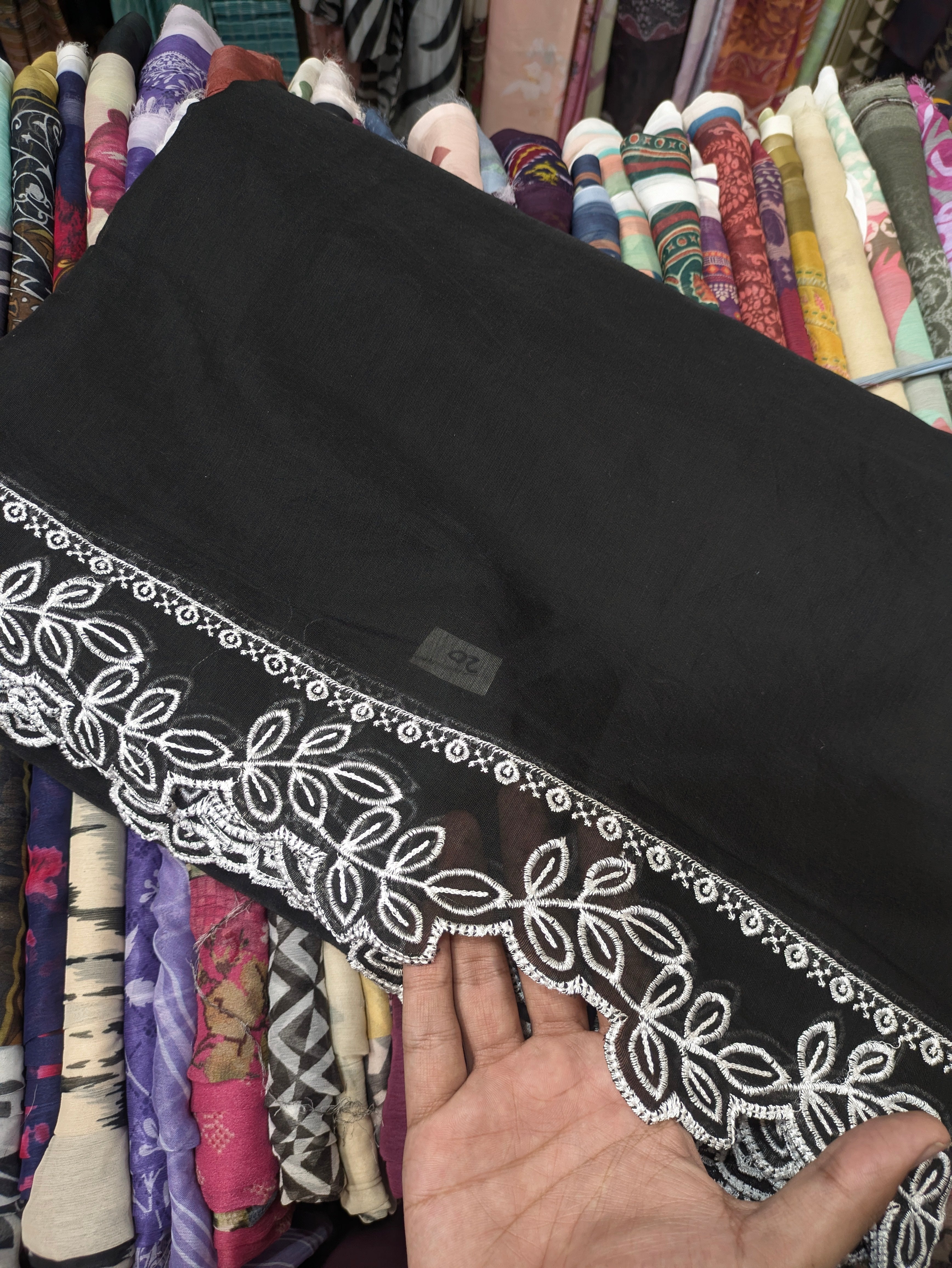 Voile Lawn black  Scalloped Dupatta with White  Embroidery | black  lawn Cutwork Dupatta
