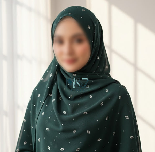 Georgette Chiffon Hijab Stole with Silver Leaf Foil Design - 2 Gaz