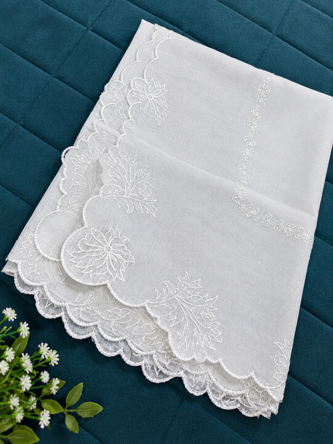 White Voile Lawn four Sided Scallop Dupatta with White Embroidery – Dyeable  2.75 yards