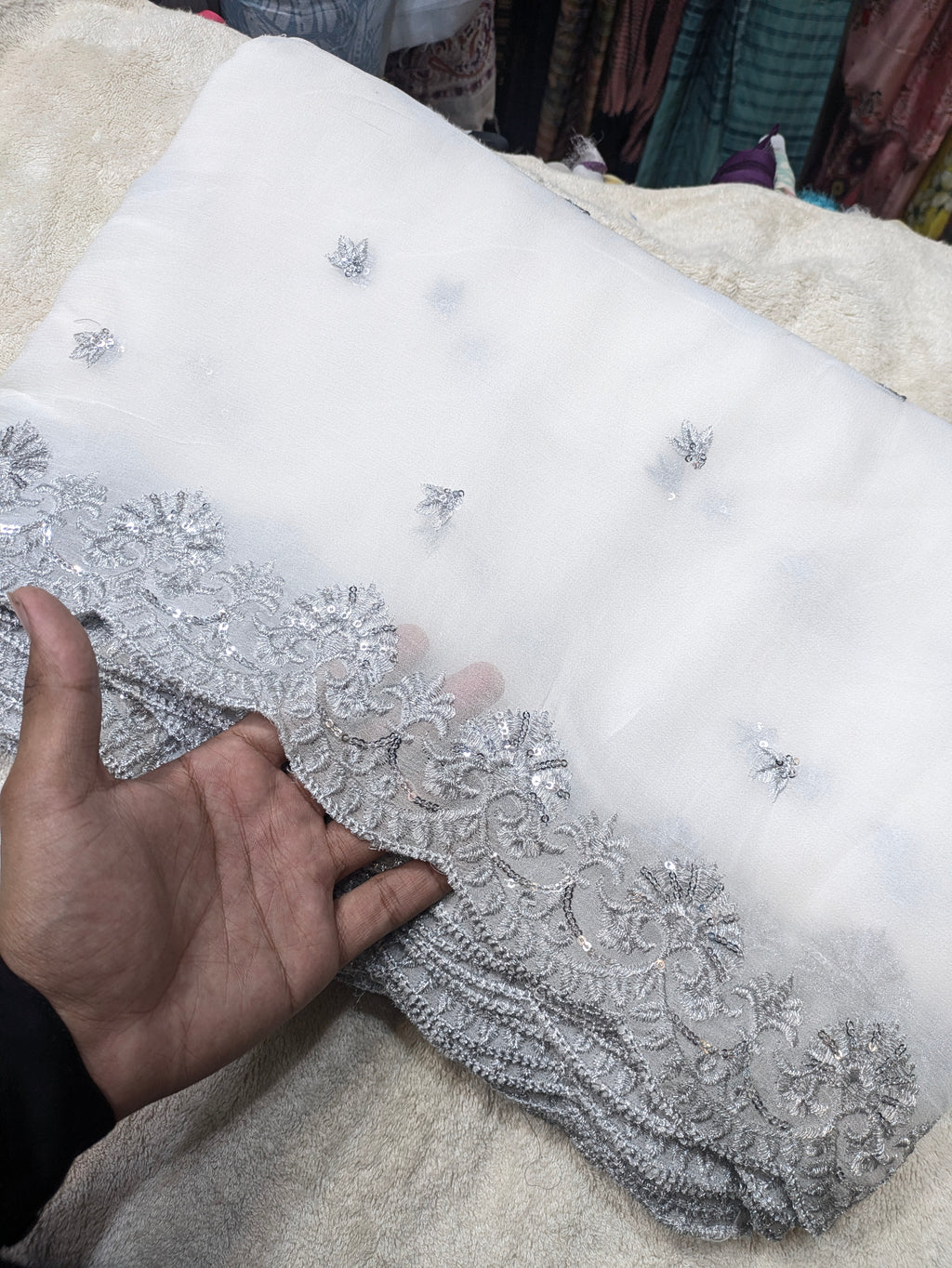 Premium Chiffon Dupatta with Two Side Silver Scallop Embroidery | Elegant Party Wear Dupatta | 2.5 Yards